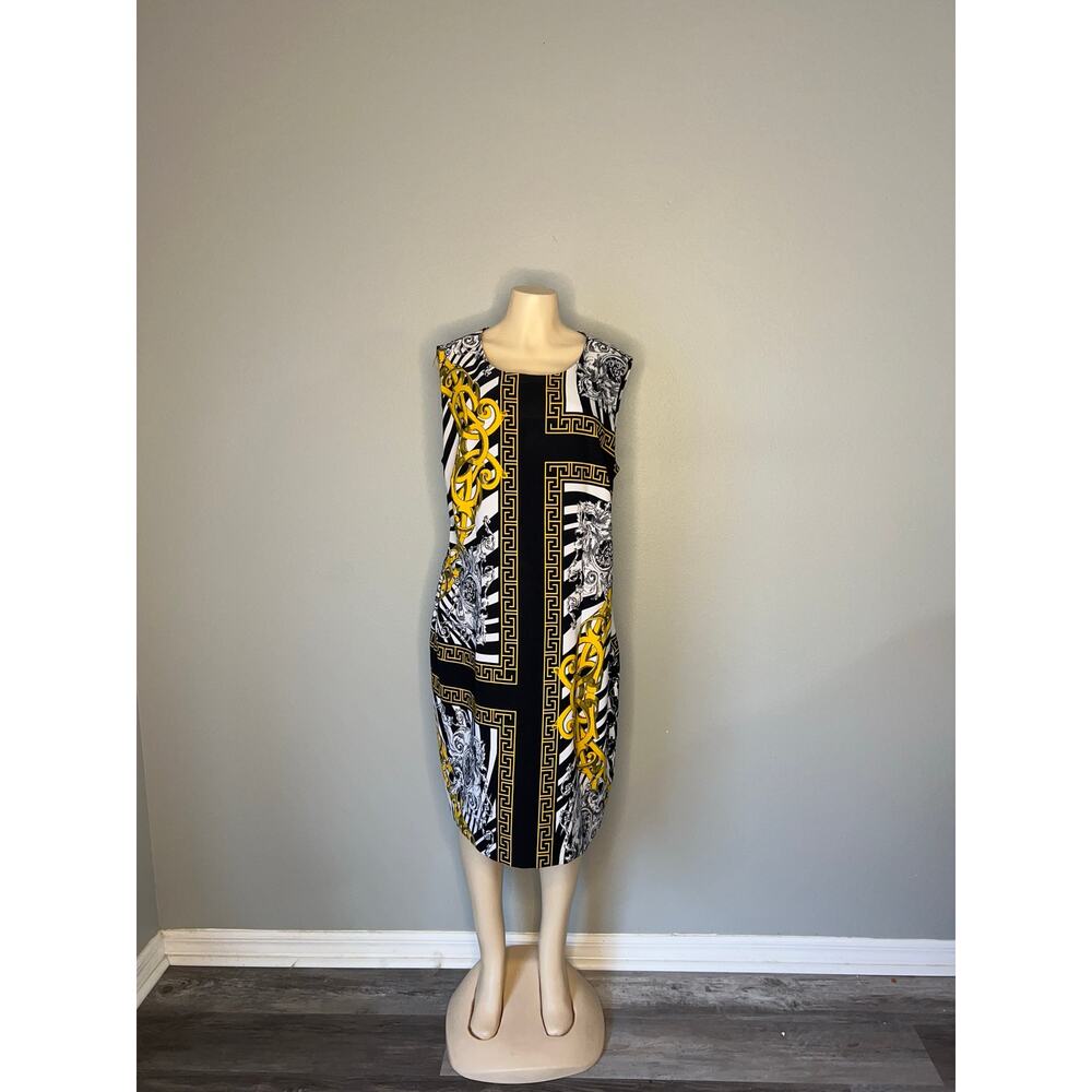 Classic glam Voir Voir Black Gold Baroque Print Sheath Dress size18W Sleeveless